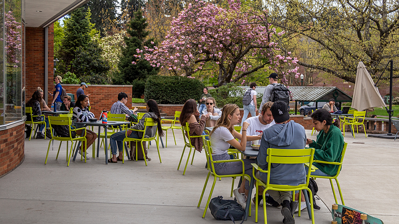 students eating outside at the emu