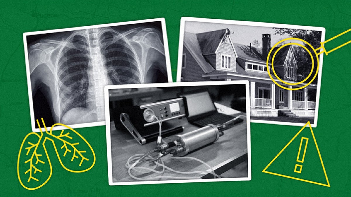 radon risk maps graphic including chest x-ray and radon detection equipment
